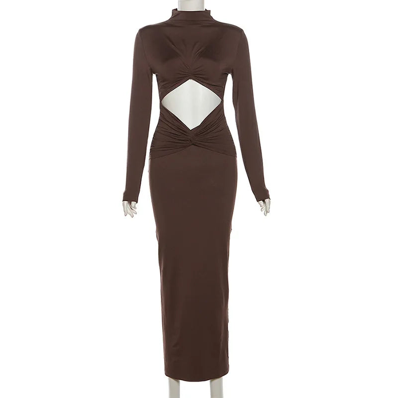 Hollow Out Pleated Long Sleeves Maxi Dress Mssaz Desses