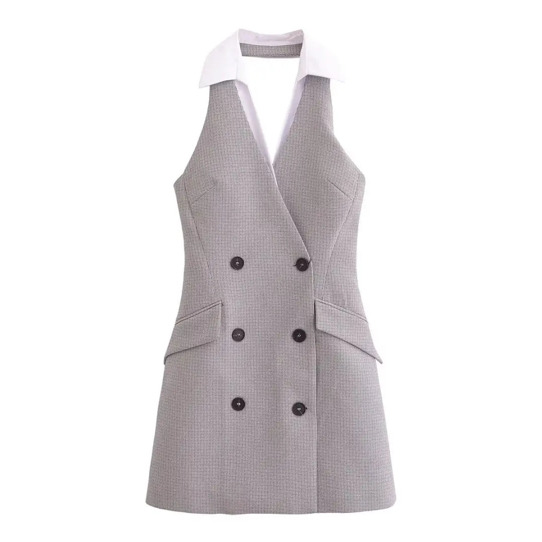 Plaid Halter Sleeveless Button Dress Mssaz Desses