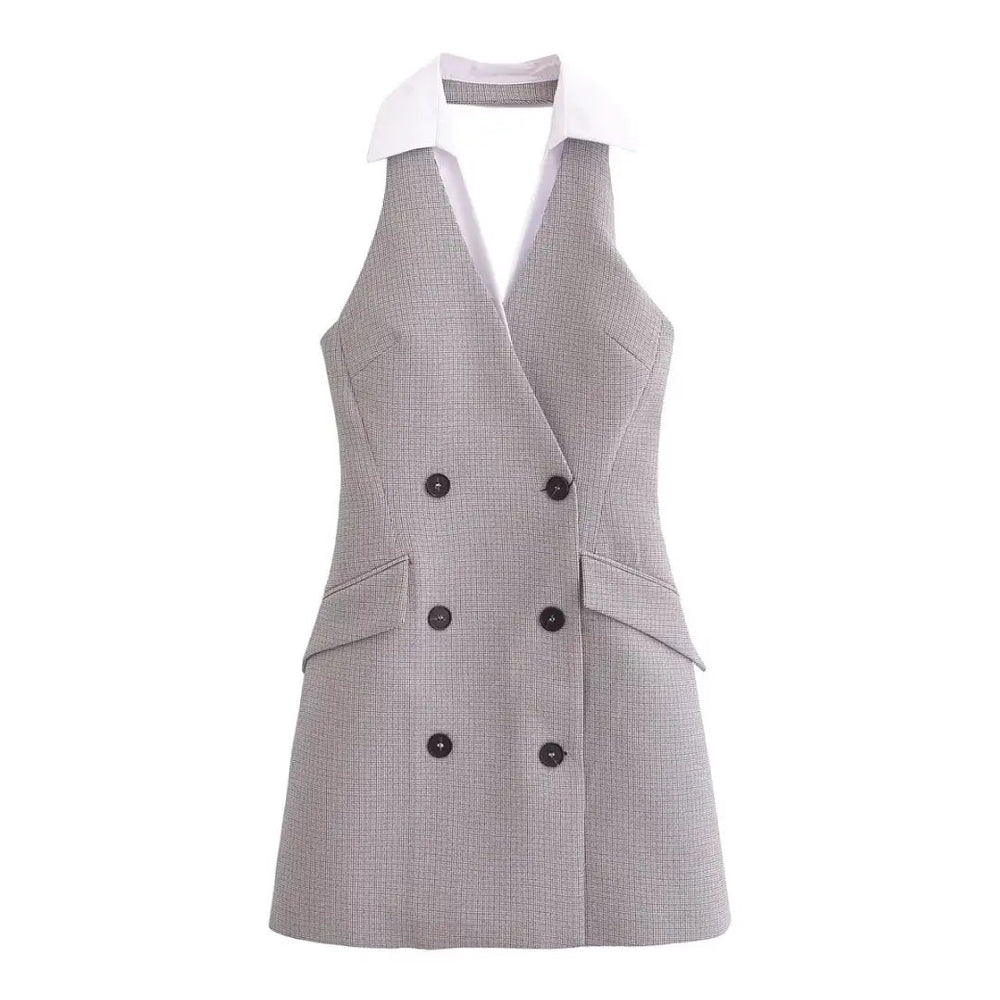 Plaid Halter Sleeveless Button Dress Mssaz Desses