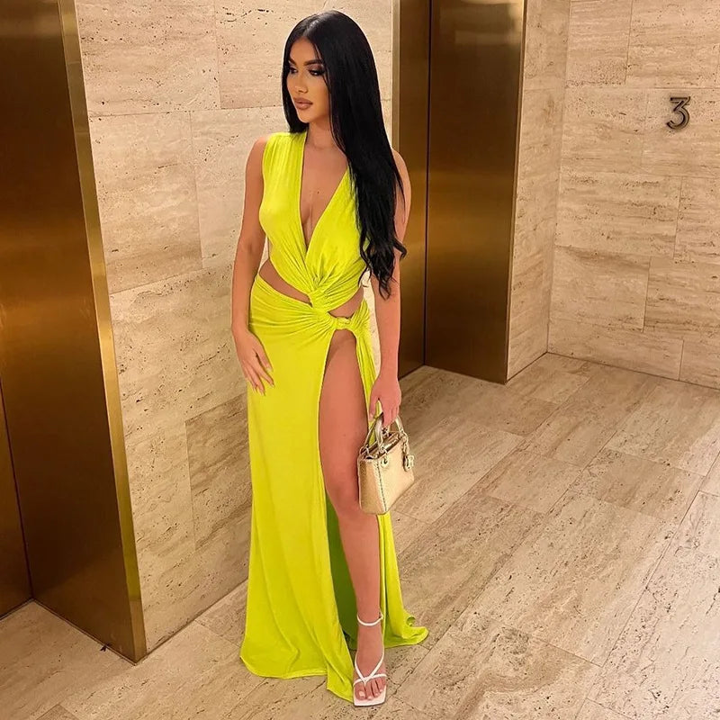 Deep V Cut Out Slit Asymmetrical Long Dress Mssaz Desses