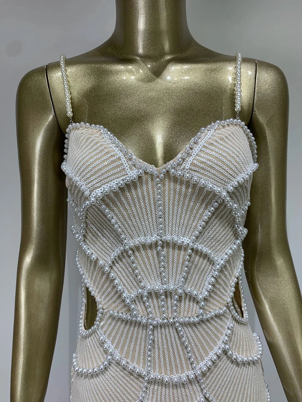 V Neck White Pearl Beading Maxi Dress Mssaz Desses