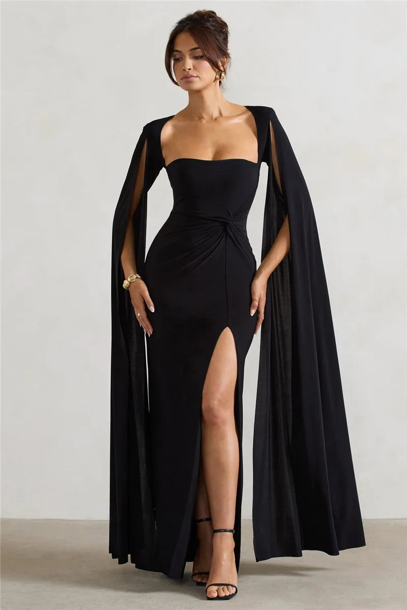 Elegant Cape Sleeve Maxi Dress with High Split Mssaz Desses