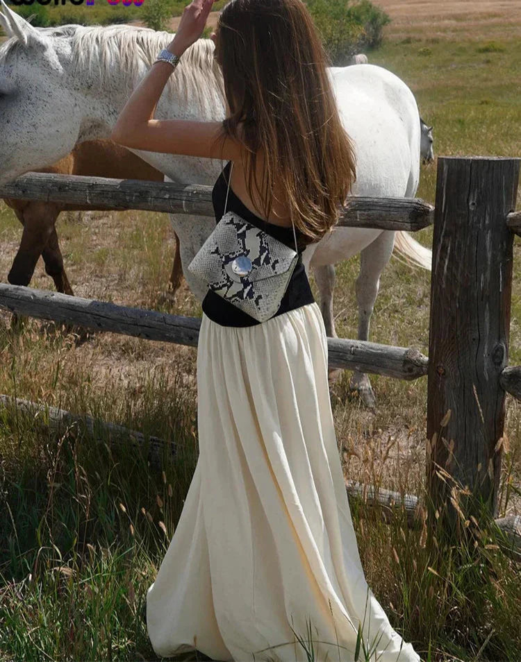 Contrast Patchwork Halter Backless Long Bodycon Dress Mssaz Desses