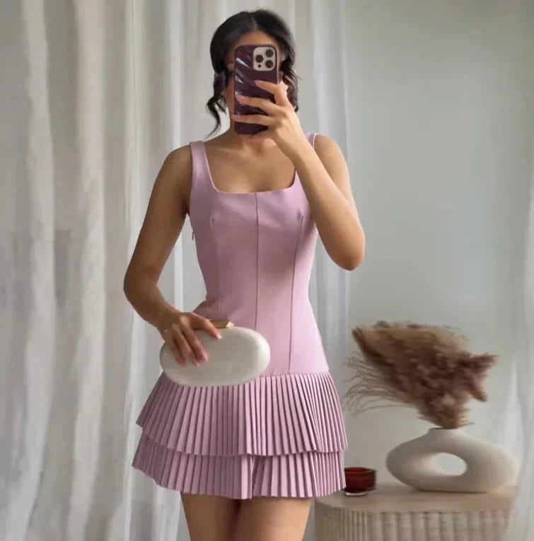 Square Collar Sleeveless Pleated Short Dress Mssaz Desses