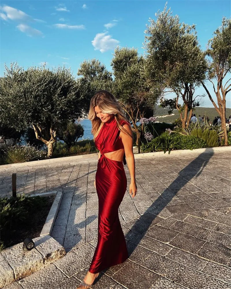Hollow Out Turtleneck Solid Maxi Dress Mssaz Desses