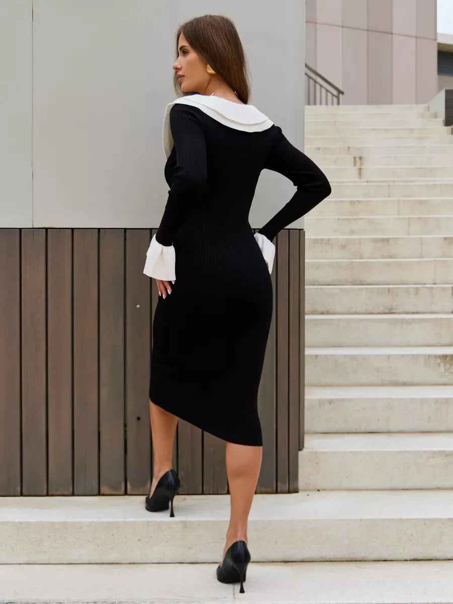 Patchwork Contrast Ribbed Midi Dress Mssaz Desses