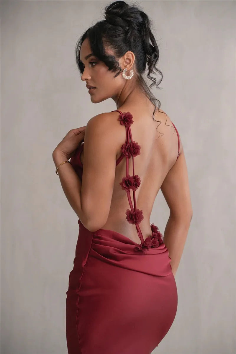 3D Flower Draped Open Back Maxi Dress Mssaz Desses