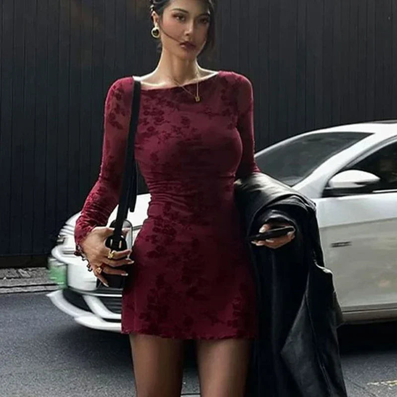 Wine Red Print Long Sleeves Knitted Dress Mssaz Desses