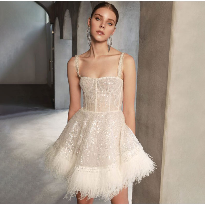 Off Shoulder Slip Feather Sequin Sleeveless Dress Mssaz Desses