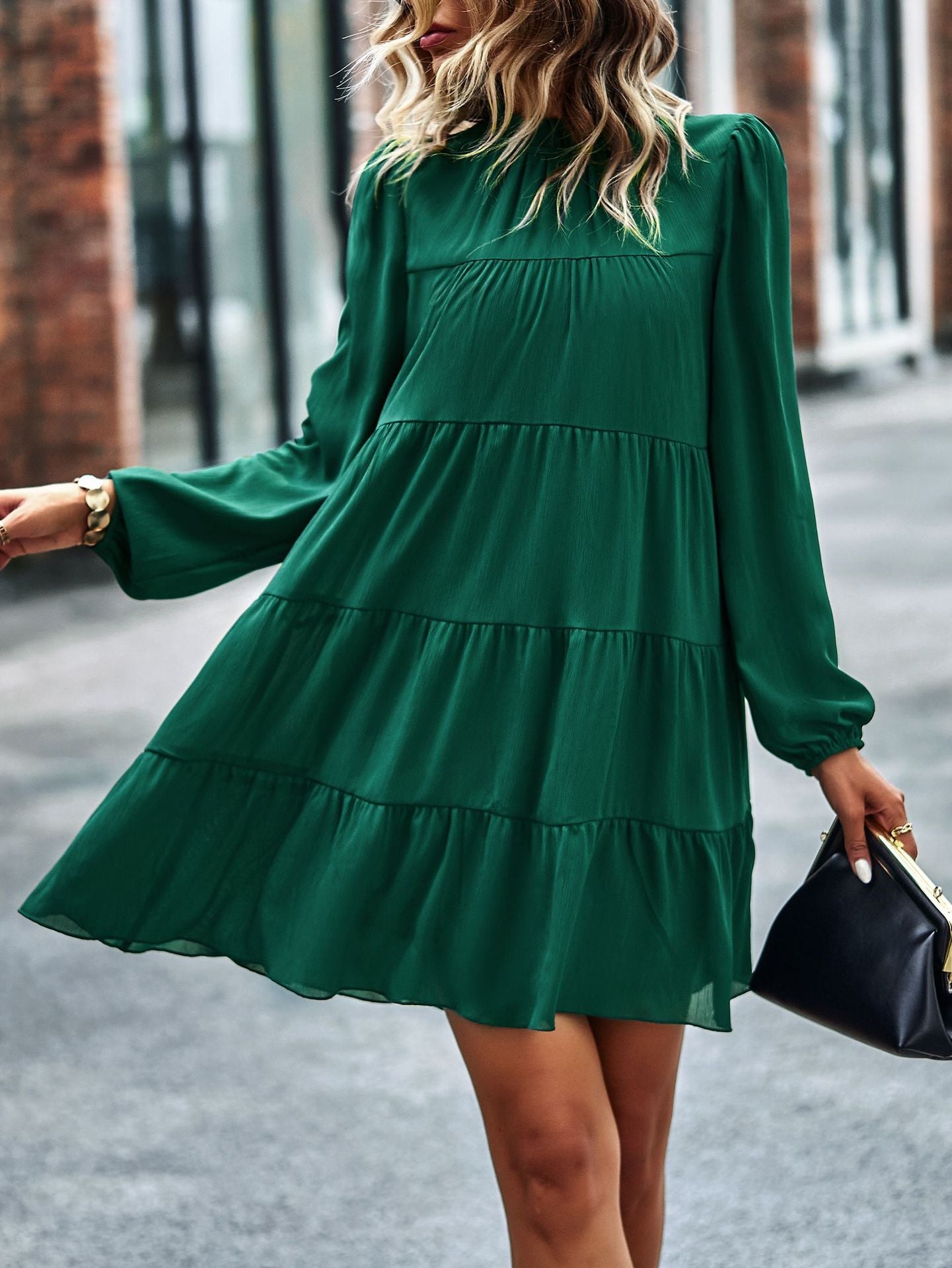 Round Neck Lantern Sleeve Ruffles Lace Up Dress Mssaz Desses