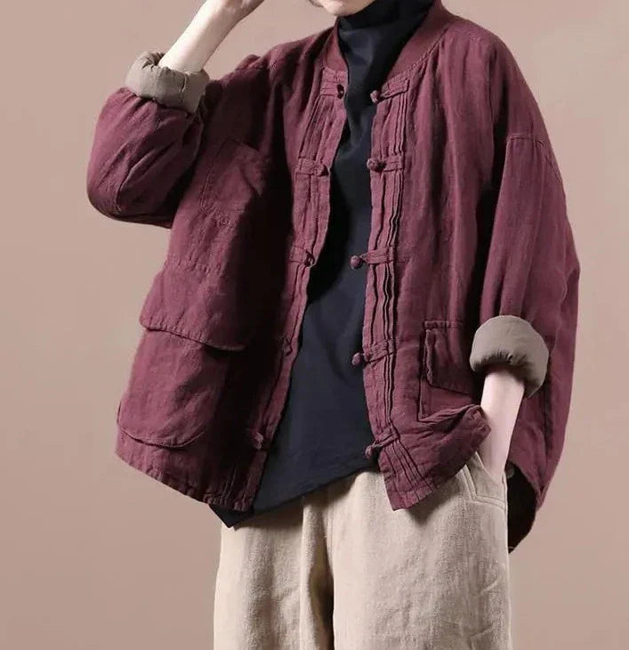 Quilted Ethnic Style Cotton And Linen Coat Mssaz Desses
