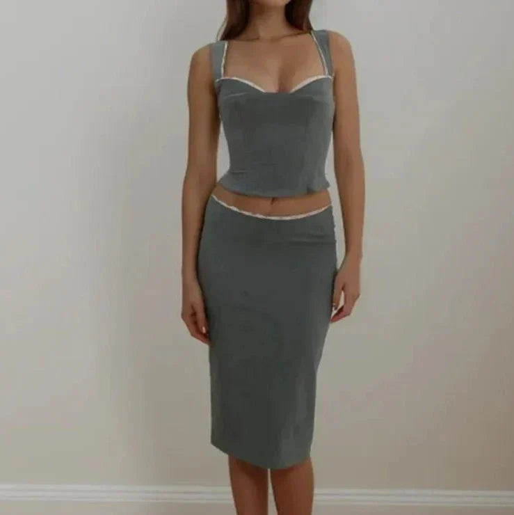 Spliced Lace Top Low Waist Midi Skirt Suits Mssaz Desses