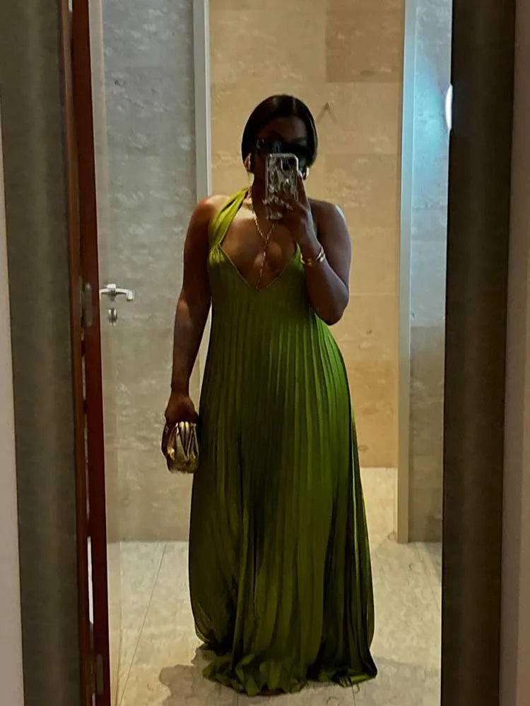 Pleated Hollow Out Halter Neck Long Dress Mssaz Desses
