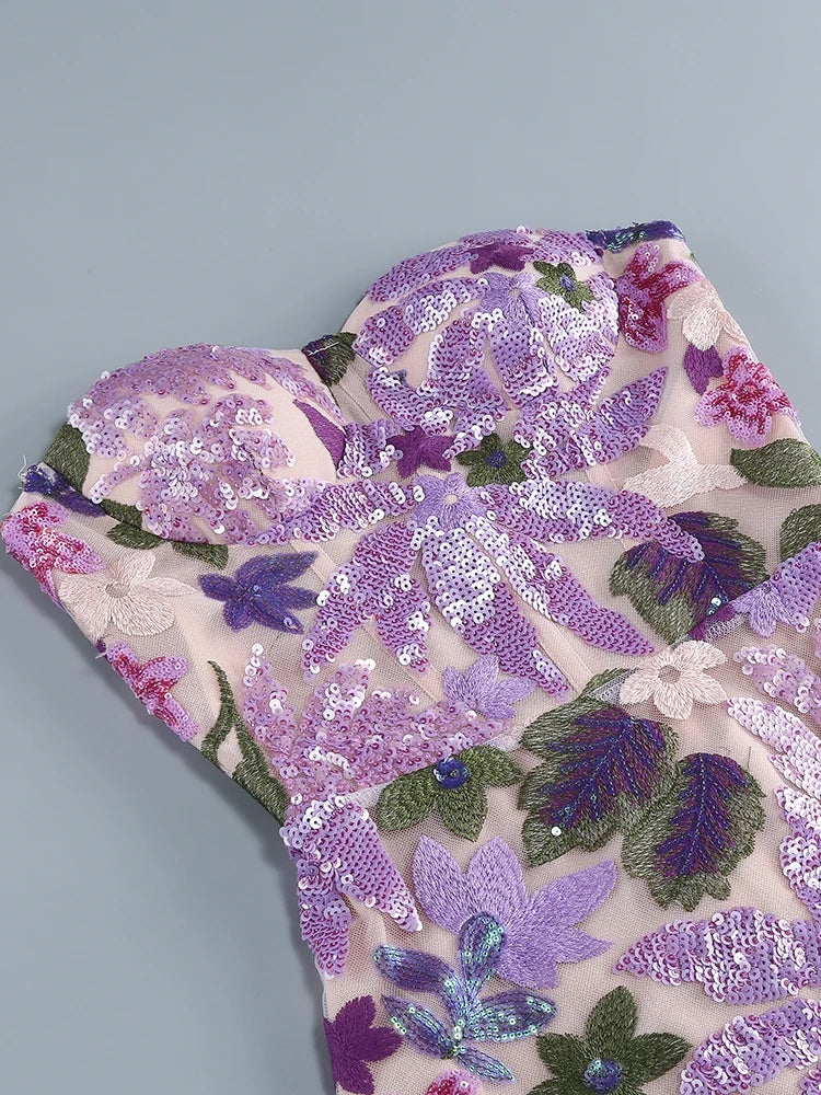 Floral-Embellished Sequin Lavender Ankle Length Dress Mssaz Desses