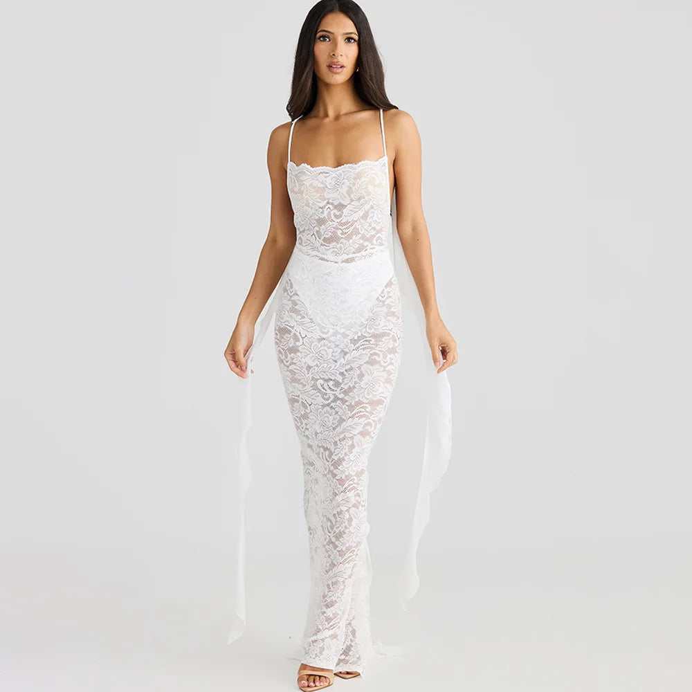 Lace Patchwork Backless Trailing Long Dress Mssaz Desses