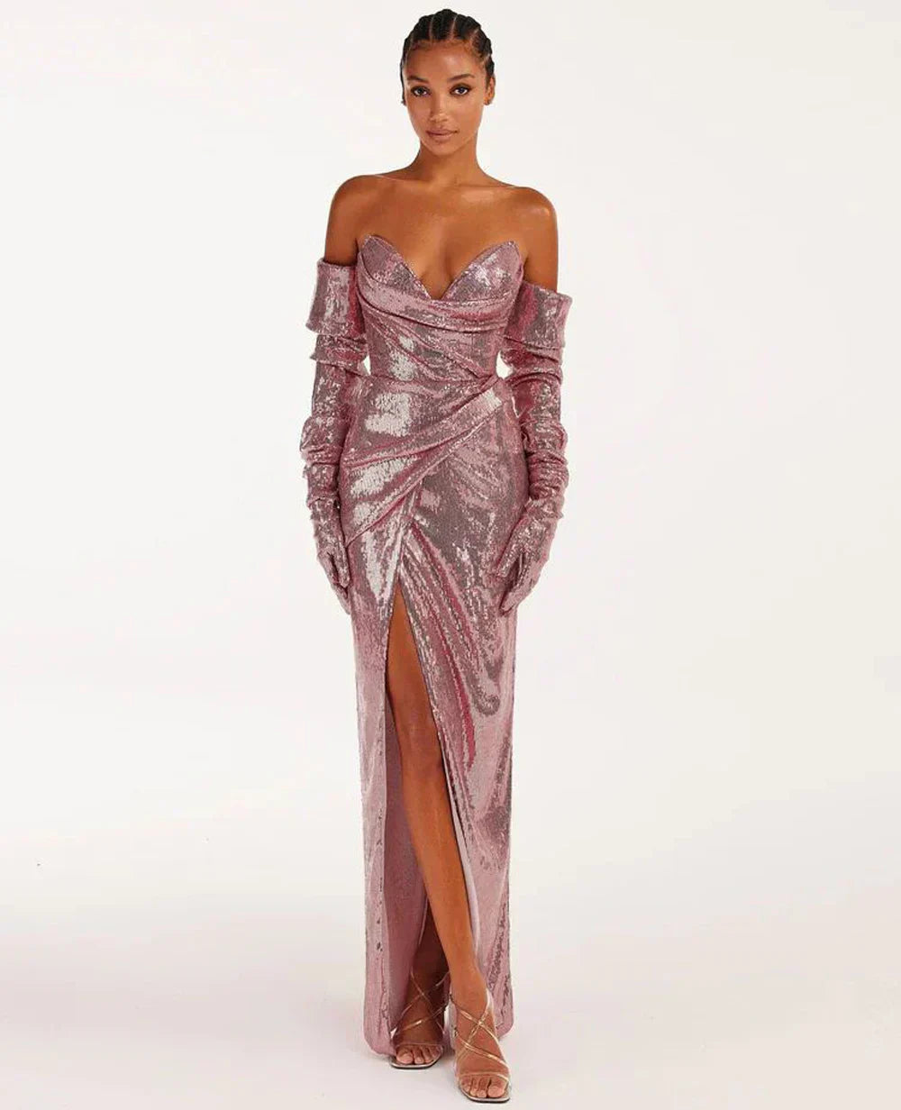 Sequined Strapless Slit Lace Up Ankle Length Dress Mssaz Desses