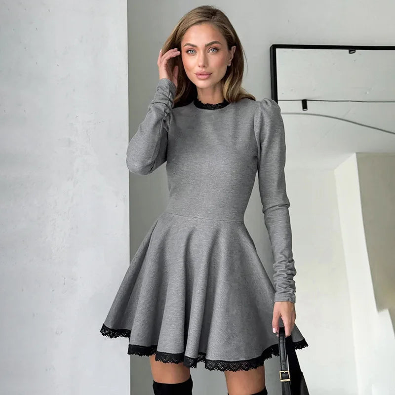 Patchwork Gray Long Sleeve A-line Mini Dress Mssaz Desses
