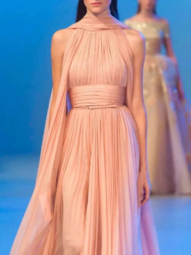 Ribbon Sleeveless Pleated Solid Long Dress Mssaz Desses