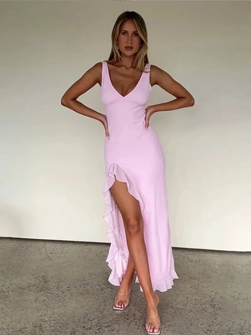 Ruffled Edge Slit Two Shoulder Straps Long Dress Mssaz Desses