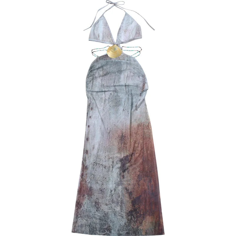 Backless Split Abstract Printed Mesh Sheer Dress Mssaz Desses