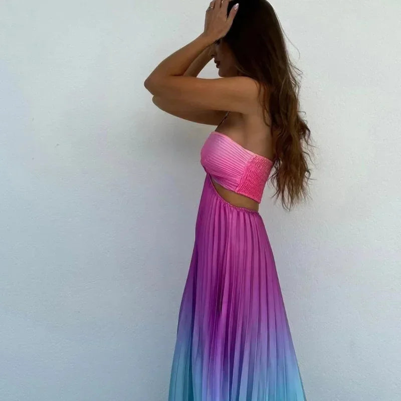 Satin Gradient Pleated Sleeveless Maxi Dress Mssaz Desses
