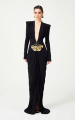 Deep V Neck Long Sleeves Black Maxi Dress Party Gown Mssaz Desses