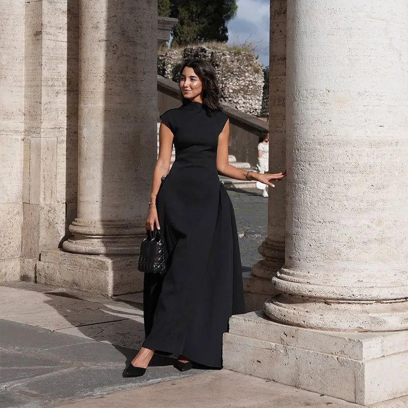 Slanted Collar Solid Pleated Long Dress Mssaz Desses