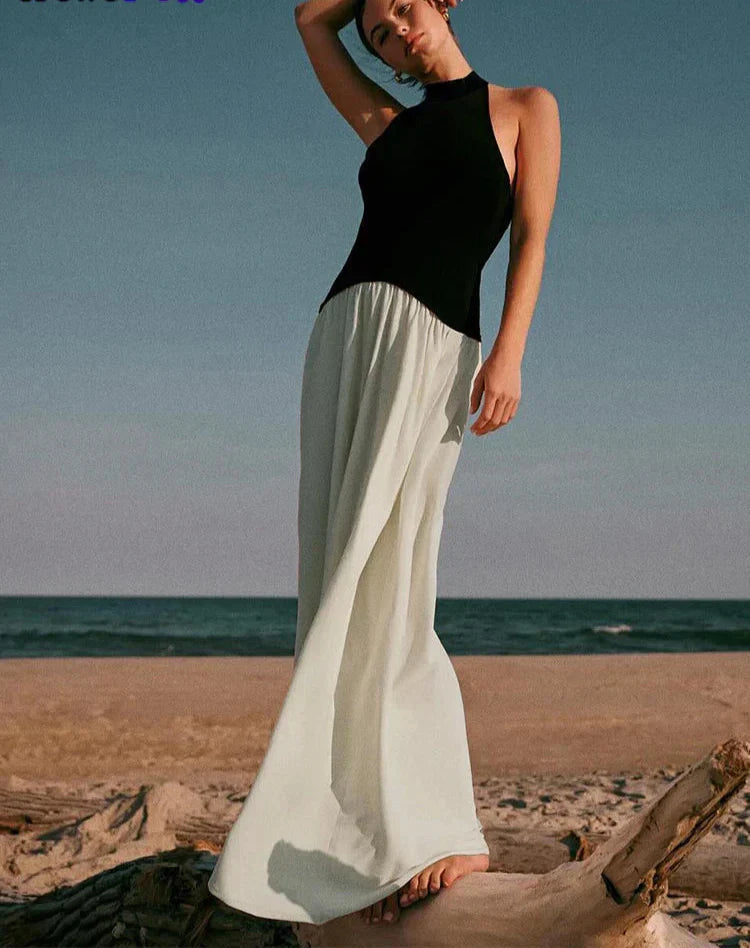 Contrast Patchwork Halter Backless Long Bodycon Dress Mssaz Desses