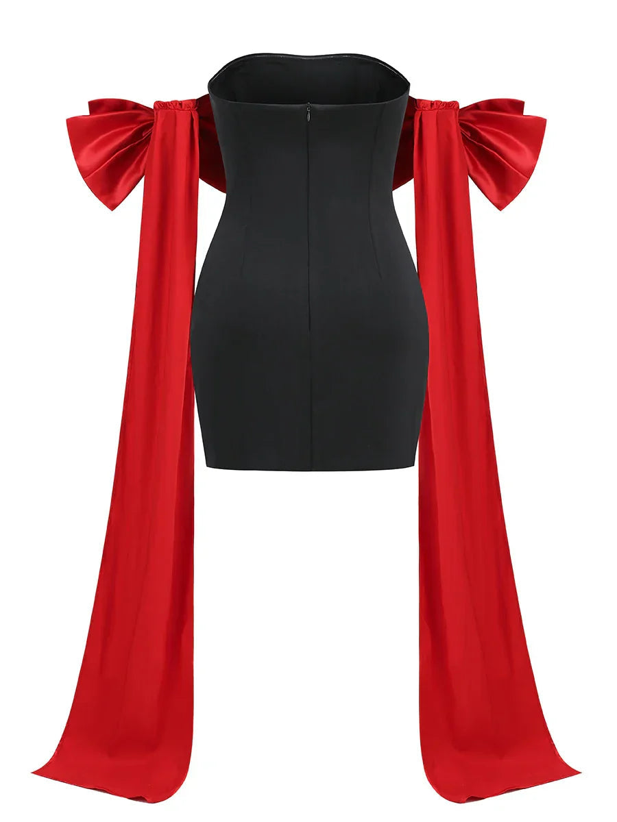 Black Tube Mini Dress With Large Red Bow Detachable Sleeves Mssaz Desses