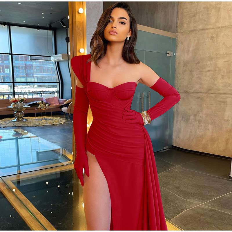 Solid Satin Asymmetric Slit Long Sleeve Dress Mssaz Desses