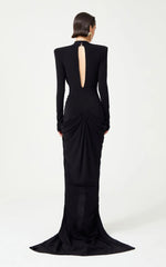 Deep V Neck Long Sleeves Black Maxi Dress Party Gown Mssaz Desses
