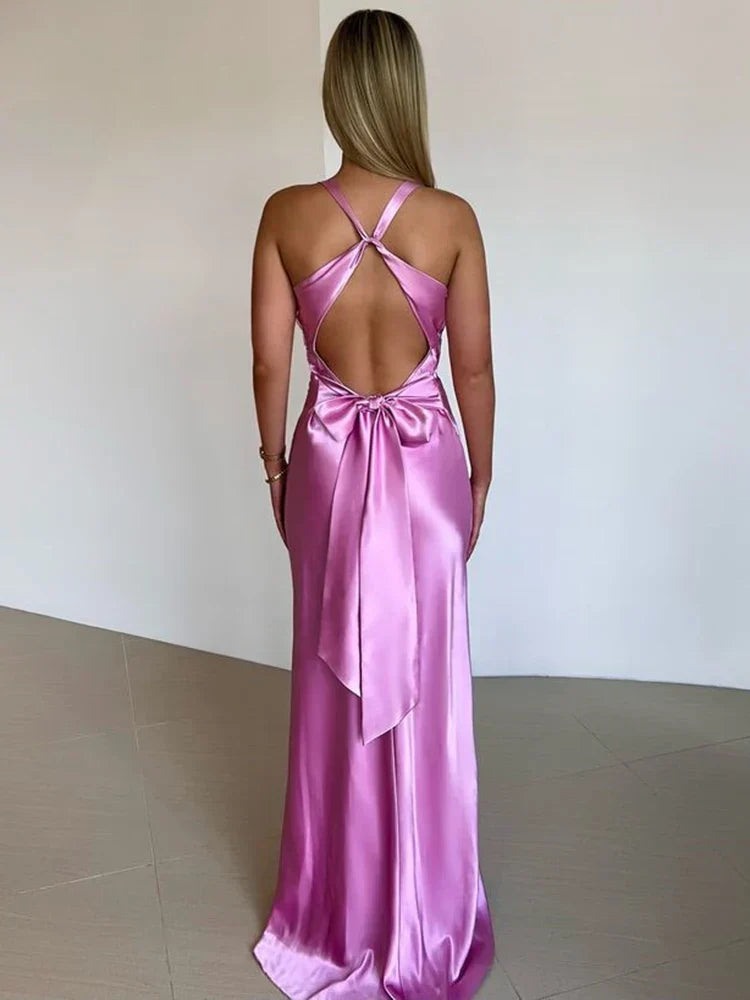 Satin V-neck Back Strappy Bow Maxi Dress Mssaz Desses