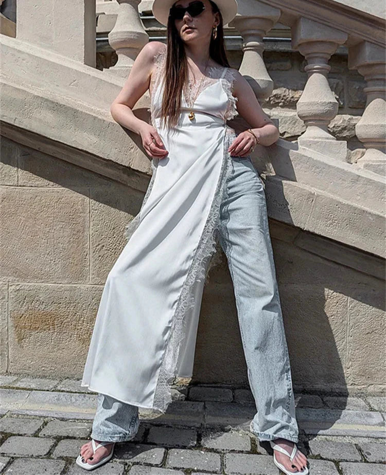 Lace Satin Patchwork High Split Maxi Dress Mssaz Desses
