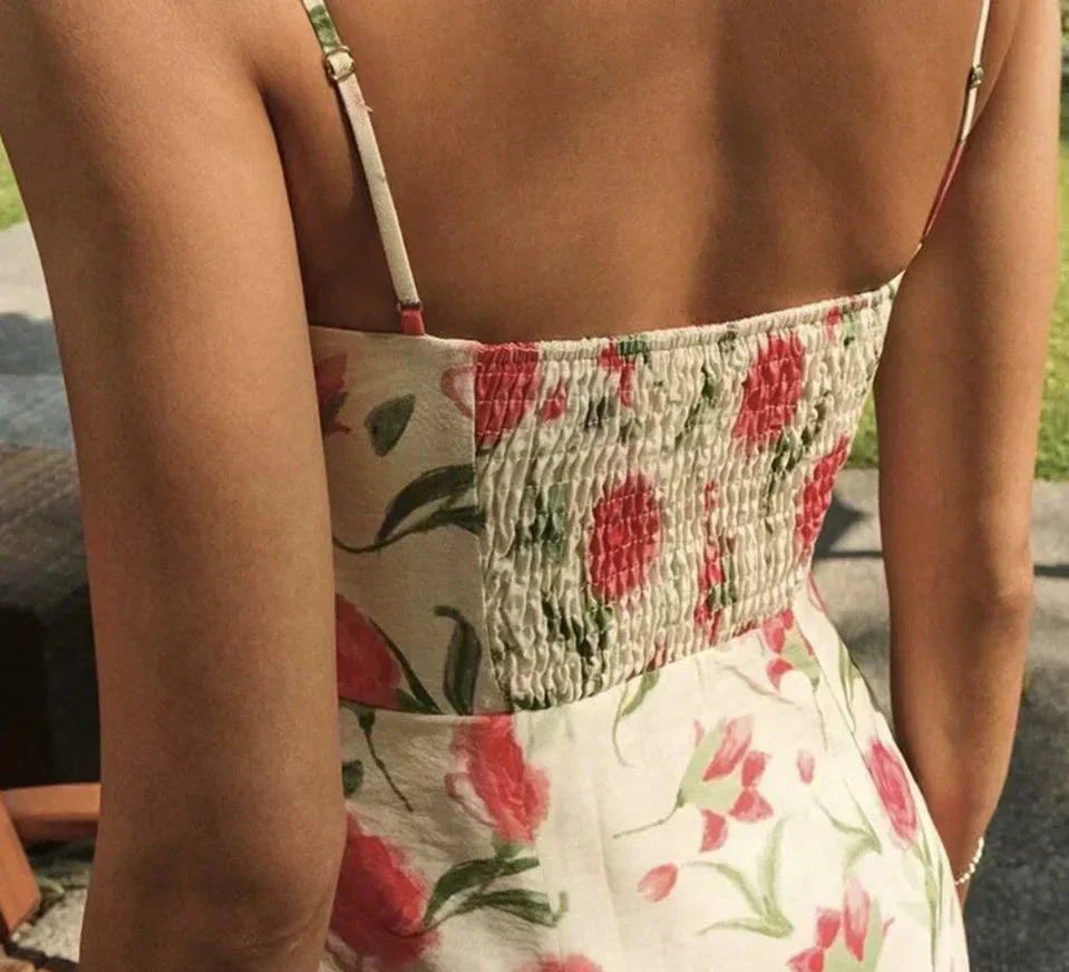 Large Flowers Elastic Buttons Midi Dress Mssaz Desses