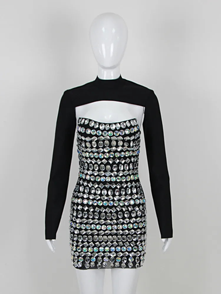 Turtleneck Beading Rhinestone Black Mini Dress Mssaz Desses