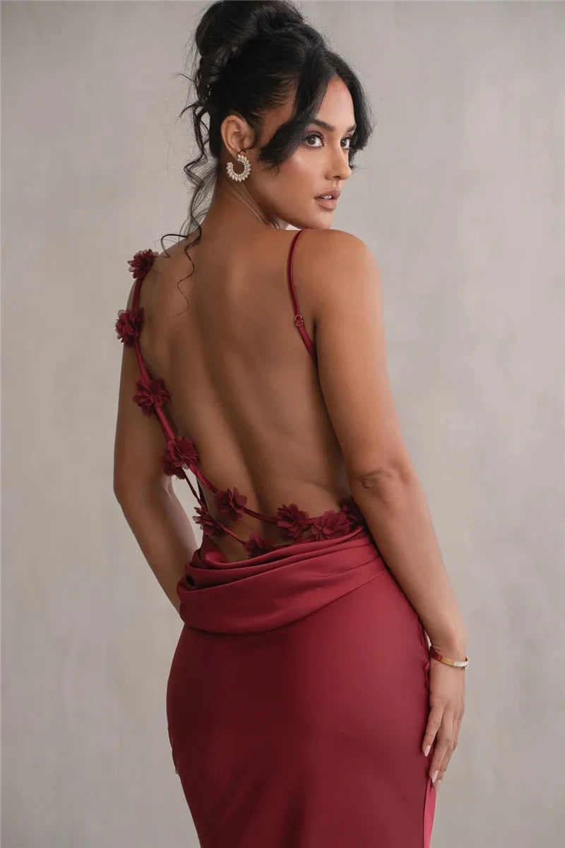 3D Flower Draped Open Back Maxi Dress Mssaz Desses