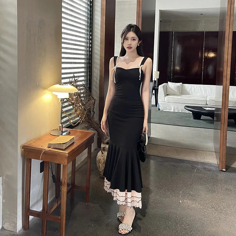 Black Ruffle Trim Fishtail Midi Dress Mssaz Desses