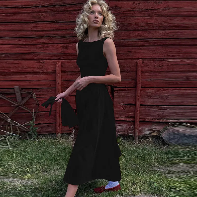 Straight Neck Sleeveless Flare Midi Dress Mssaz Desses