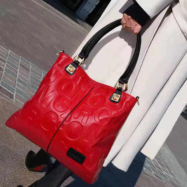 Letter Pattern High-Capacity Genuine Leather Handbag Mssza
