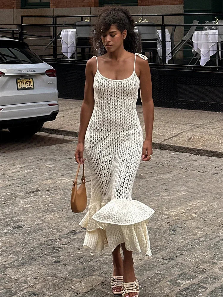 Crochet Maxi Dress with Ruffle Trim Mssaz Desses