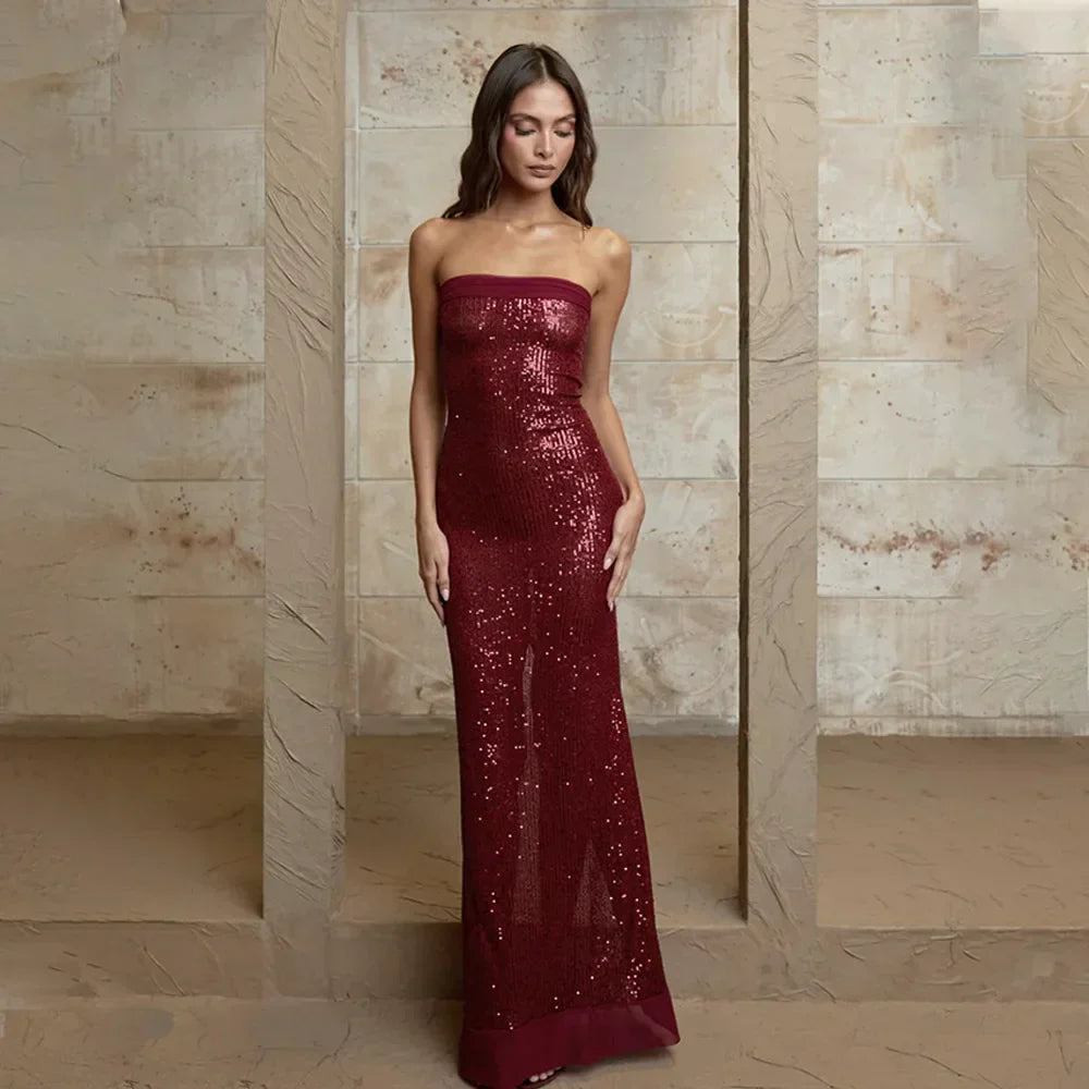 Strapless Sequin Slit Backless Dress Mssaz Desses