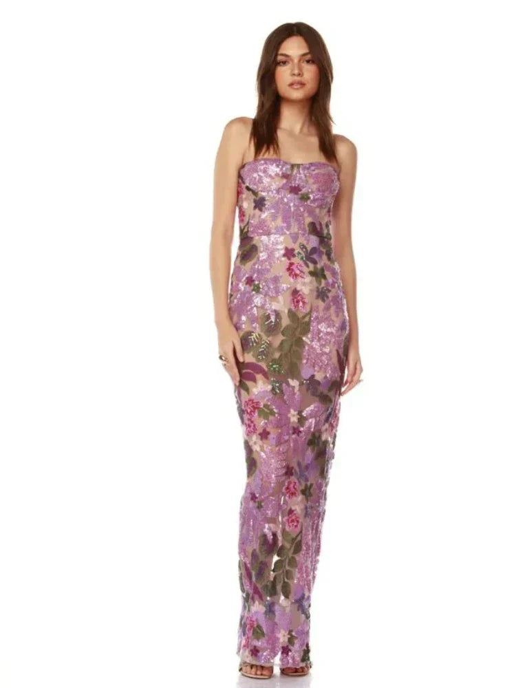 Floral-Embellished Sequin Lavender Ankle Length Dress Mssaz Desses