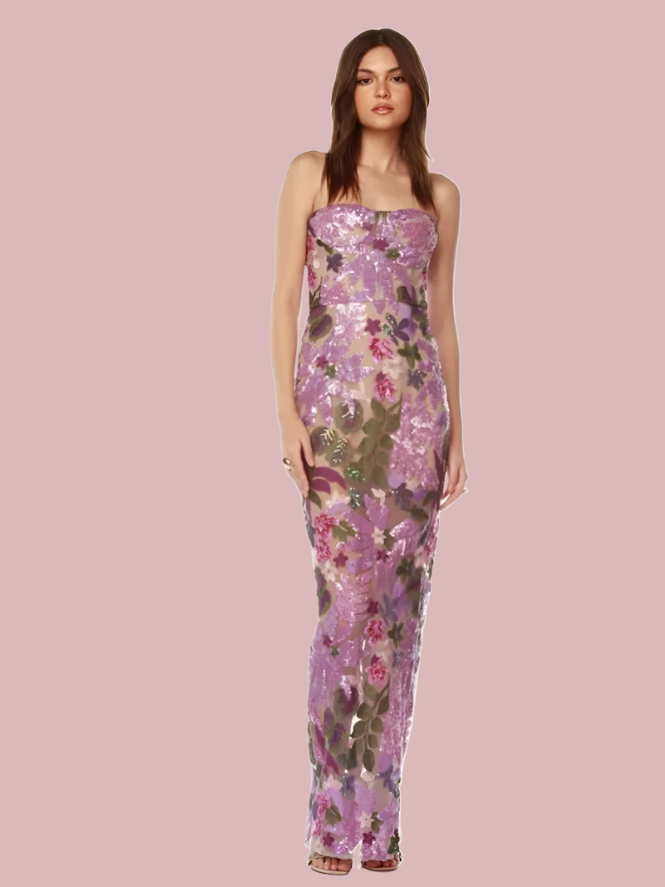 Floral-Embellished Sequin Lavender Ankle Length Dress Mssaz Desses