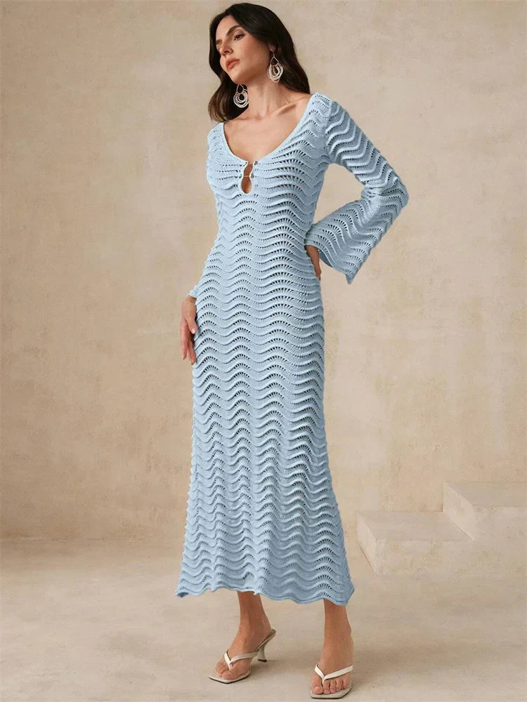 Knit Hollow-Out Loose Patchwork Lace-Up  Dress Mssaz Desses