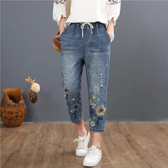 Vintage Embroidery Casual Floral Denim Trousers Ripped Harem Jeans Mssza