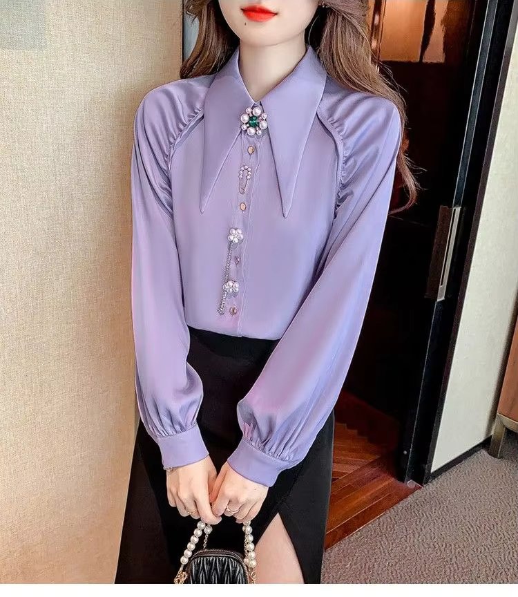 Beading Diamonds Korean Single-breasted  Elegant Lapel Shirt Mssza