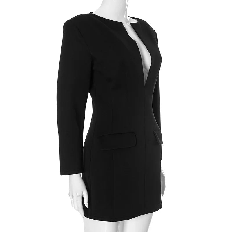 Black Solid Long Sleeve Blazer Dress Mssaz Desses