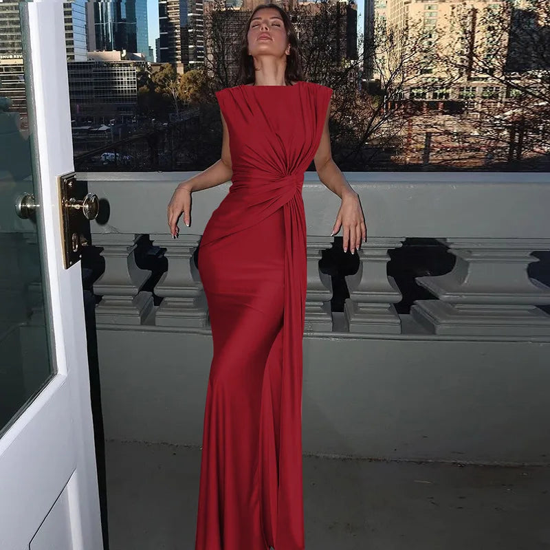 Solid Boat Neck Twist Knot Long Dress Mssaz Desses
