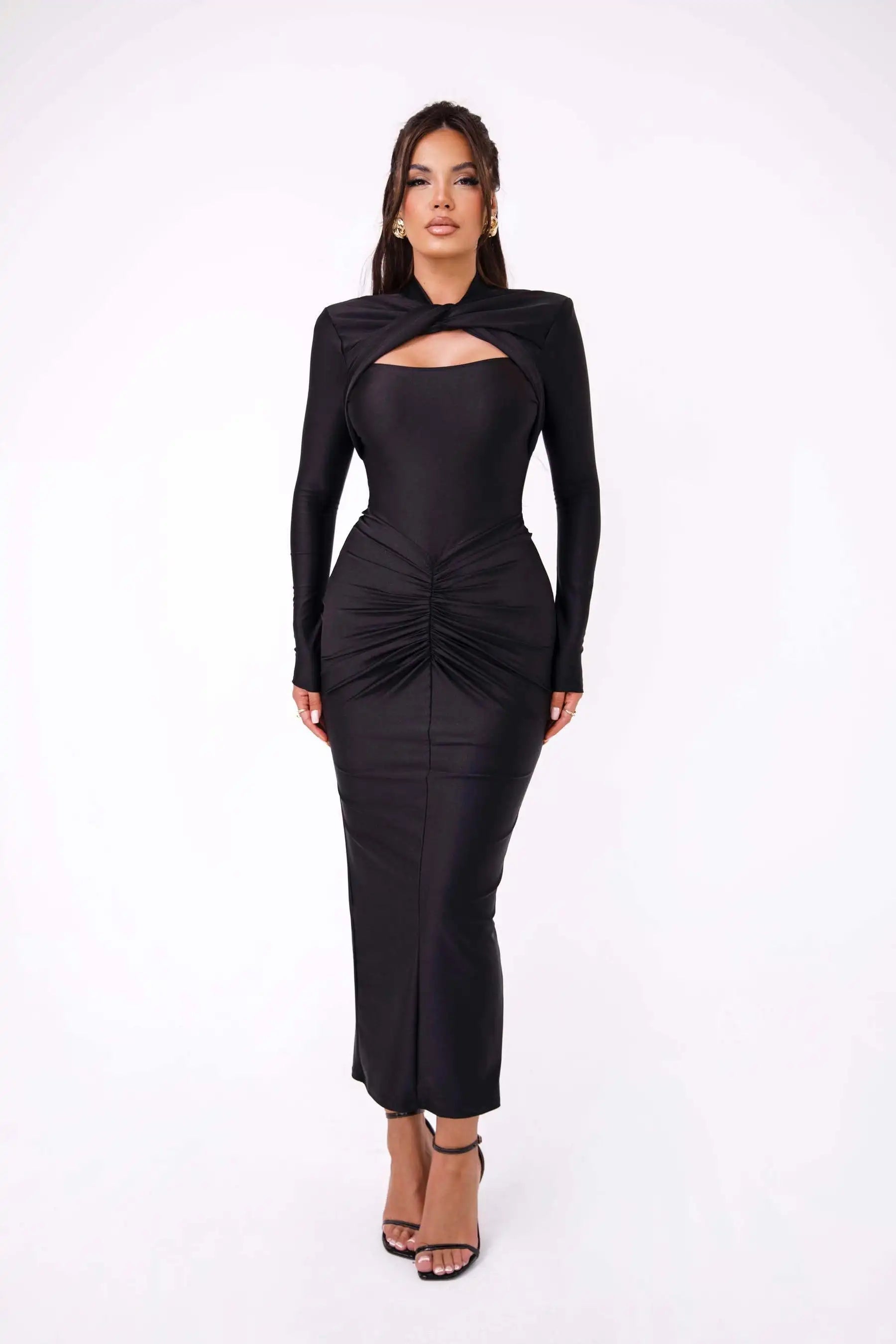 Long Sleeved Pleated Hollowed Out Maxi Dress Mssaz Desses