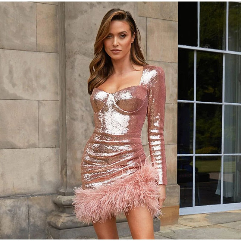 Sequined Feather Square Collar Bodycon Dress Mssaz Desses